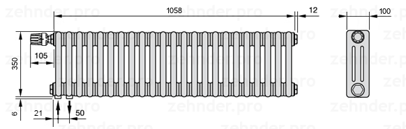 Схема (чертеж) Радиатор Zehnder Charleston 3035/23 №V001 Белый глянцевый RAL 9016